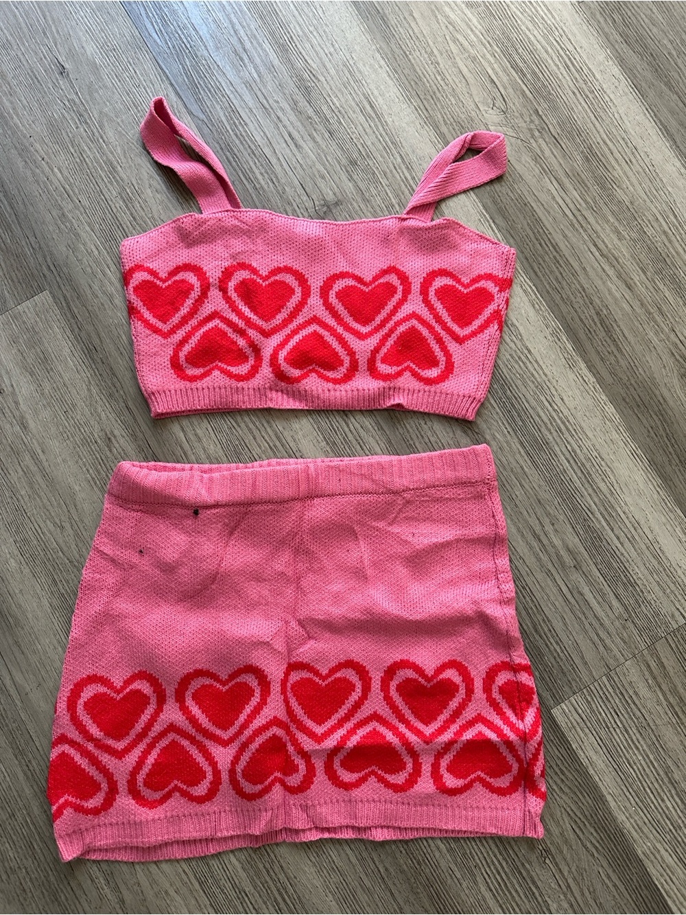 Sugar Thrillz Pink & Red Heart Knit Mini Skirt and top